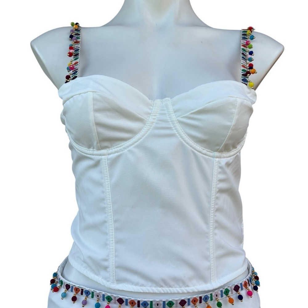 Shein Musera White Skirt & Corset Top Set Pom Pom Trim Size Small New - Picture 2 of 15